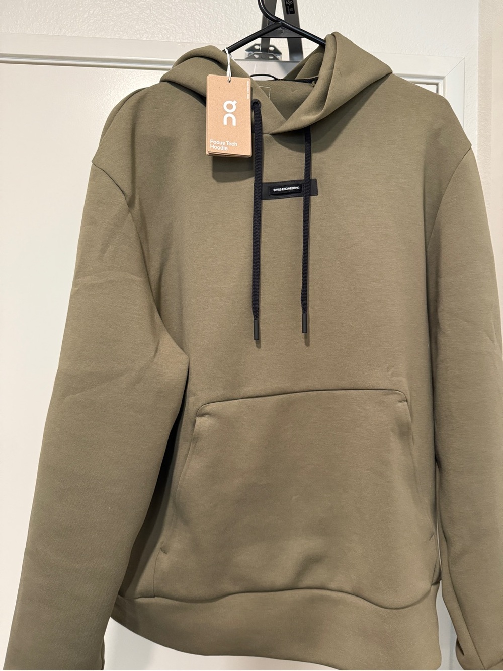 On Running Olive Hoodie with Black Drawstrings